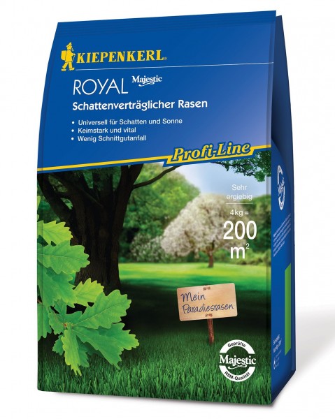 Produktbild von Kiepenkerl Profi Line Royal Schattenrasen Verpackung mit der Aufschrift Schattenverträglicher Rasen und Hinweisen zu Eigenschaften sowie einer Rasenfläche mit Bäumen im Hintergrund.