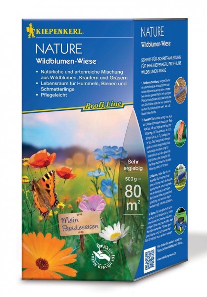 Produktbild der Kiepenkerl Profi Line Nature Wildblumen-Wiese Verpackung mit Abbildung einer bunten Blumenwiese und Schmetterlingen sowie Informationen zu Aussaat und Pflege in deutscher Sprache.