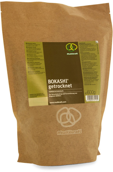 Produktbild von Multikraft Bokashi getrocknet in einer 600g Verpackung mit Informationen zur Fermentationshilfe und Produktinformationen auf deutsch.