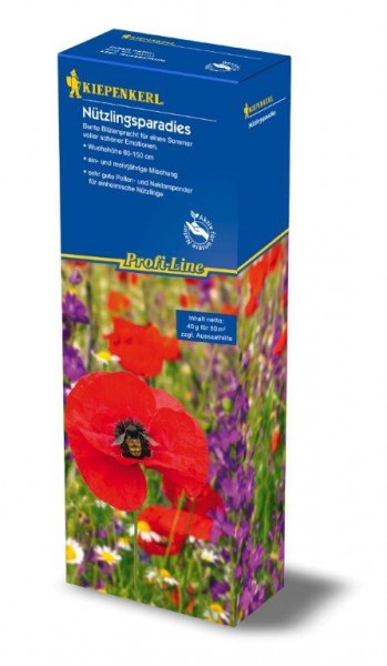 Produktbild von Kiepenkerl Profi-Line Blumenmischung Nuetzlingsparadies Verpackung mit Informationen über insektenfördernde Pflanzenarten in deutscher Sprache