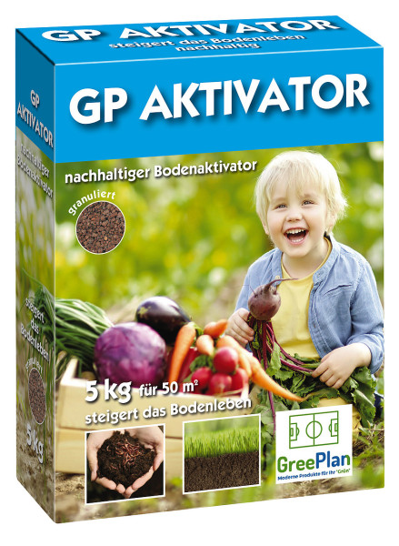 Produktbild von GP Bodenaktivator Verpackung zeigt 5 kg Inhalt geeignet für 50 m² mit Angaben zur Nachhaltigkeit und einem lachenden Kind das Gemüse hält.