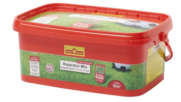 Produktbild von Wolf-Garten L 50 LM Strapazier-Rasen plus Aufbau-Dünger in einer roten Kunststoffbox mit Angaben zum Inhalt und Anwendungshinweise.