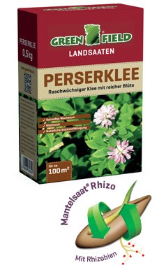 Produktbild von Greenfield Landsaat Mischung Perserklee mit Abbildungen der Pflanze und Angaben zur Saatgutmenge sowie Hinweisen zur Anwendung.