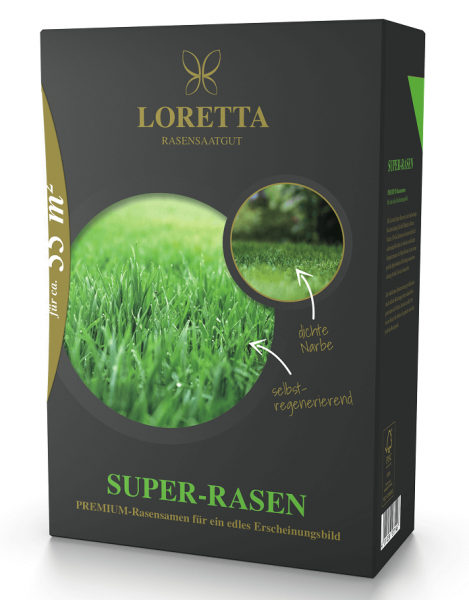 Produktbild von Loretta Super-Rasen Premiumrasensaat Verpackung mit Informationen zu dichter Narbe und selbstregenerierenden Eigenschaften des Rasens sowie einer Nahaufnahme des Rasens.