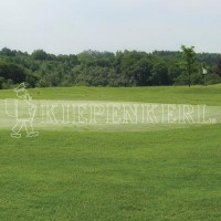 Produktbild des Kiepenkerl DSV RSM 4.2.1 Golfrasen Vorgrün mit sichtbarem Markenlogo auf einem gepflegten Golfrasen im Hintergrund.