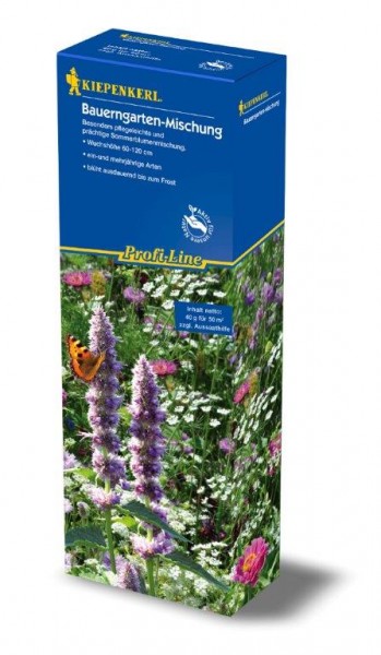 Produktbild von Kiepenkerl Profi-Line Blumenmischung Bauerngarten Samen Verpackung mit Bildern von blühenden Pflanzen und Produktinformationen in deutscher Sprache.