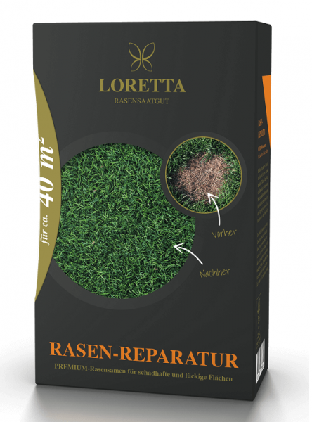 Produktbild von Loretta Rasen-Reparatur Premiumnachsaat mit Mantelsaat Verpackung zeigt Informationen zu Rasensamen für schadhafte und lückige Flächen sowie Vorher-Nachher-Bilder des Rasens.