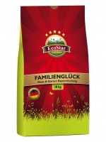Produktbild von Ecostar Rasen Familienglück Universalrasen in einer 10 kg Verpackung mit Markenlogo und Hinweis auf hohe Qualität mit deutscher Kennzeichnung.