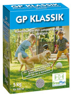 Produktbild von GP Langzeit-Rasendünger GP Klassik mit Informationen zur Anwendung und Darstellung eines spielenden Kindes und Hundes auf grünem Rasen.