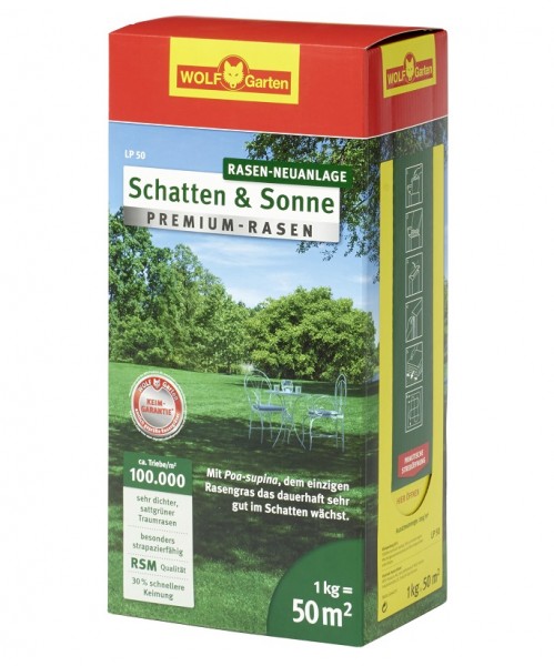 Produktbild von Wolf-Garten LP 50 Premium-Rasensamen Schatten und Sonne 1kg für 50qm mit Informationen zur Keimgarantie und einer abgebildeten Rasenfläche mit Gartenmöbeln.