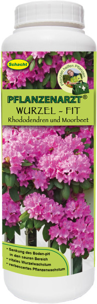 Produktbild von Schacht PFLANZENARZT Wurzel - Fit Rhododendren und Moorbeet 800g mit Abbildungen von blühenden Rhododendren und Produktvorteilen auf Deutsch.