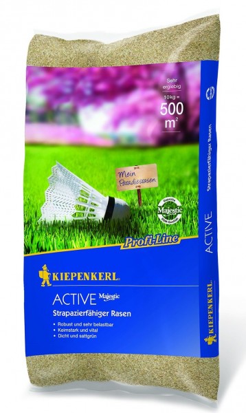 Produktbild von Kiepenkerl Profi Line Active Strapazierrasen mit einer Rasenflache im Hintergrund und Angaben zur Ergiebigkeit und Eigenschaften des Rasens auf der Verpackung.