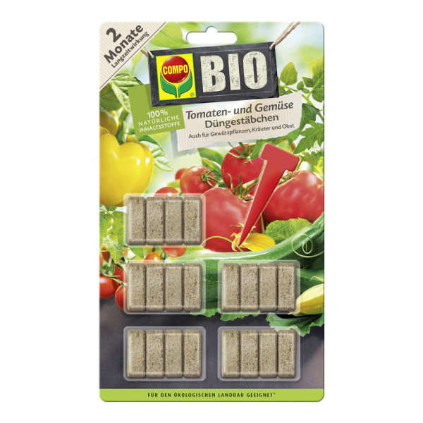 Produktbild von COMPO BIO Tomaten- und Gemüse Düngestäbchen mit 20 Stäbchen und Angabe von 2 Monaten Langzeitwirkung sowie Bildern von Tomaten und Paprika im Hintergrund.