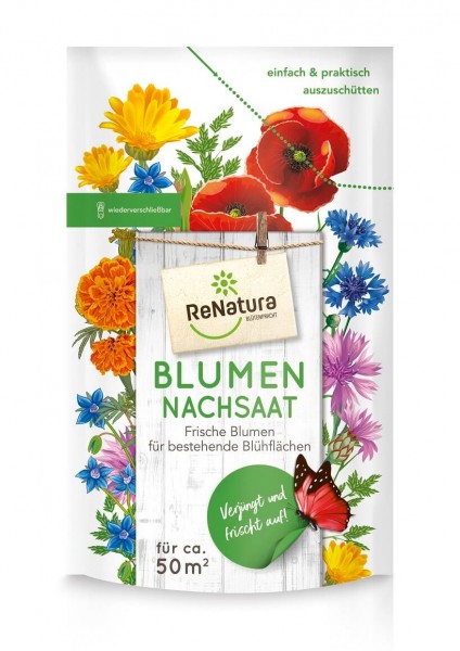 Produktbild von ReNatura Blumennachsaat Verpackung mit Abbildungen von Blumen und Schmetterlingen sowie Informationen zur Anwendung und Flächenabdeckung auf Deutsch.