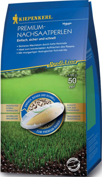 Produktbild von Kiepenkerl Profi Line Premium-Nachsaatperlen Verpackung für Rasenpflege mit Hinweisen zu Eigenschaften und Anwendung, einschließlich Informationen über Streuverhalten und ökologische Schutzhülle.