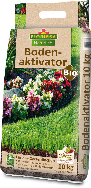 Produktbild des Florissa Bodenaktivator in einer Verpackung mit 10 kg Inhalt und Informationen zur Anwendung, Bio-Siegel und Angaben zur Verbesserung der Bodenstruktur im Garten.