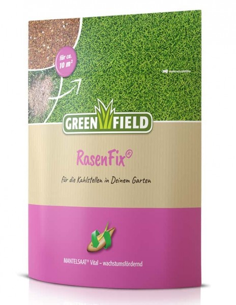 Produktverpackung von Greenfield RasenFix Mantelsaat Vital mit Hinweis für etwa 10m² Fläche geeignet und Beschreibung als vitalisierend sowie wachstumsfördernd für kahle Stellen im Garten