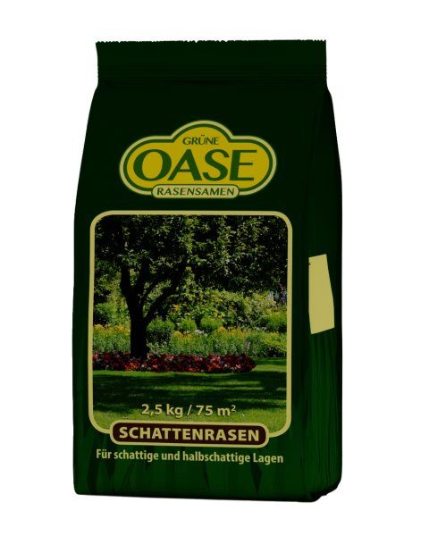 Produktbild von GRÜNE OASE Schattenrasen 2,5kg Verpackung mit Rasenbild und Angaben zu Gewicht und Flächenabdeckung sowie Hinweis für schattige und halbschattige Lagen.