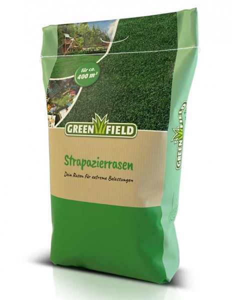 Produktbild von Greenfield Strapazierrasen Rasensamen Verpackung geeignet für circa 400 Quadratmeter Fläche mit Markenlogo und Hinweis auf Strapazierfähigkeit.