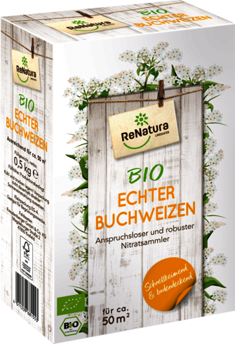 Produktbild von ReNatura echter Buchweizen Bio mit Angaben zu biologischem Anbau und Flächenbedarf auf einer Packung vor Holzhintergrund.