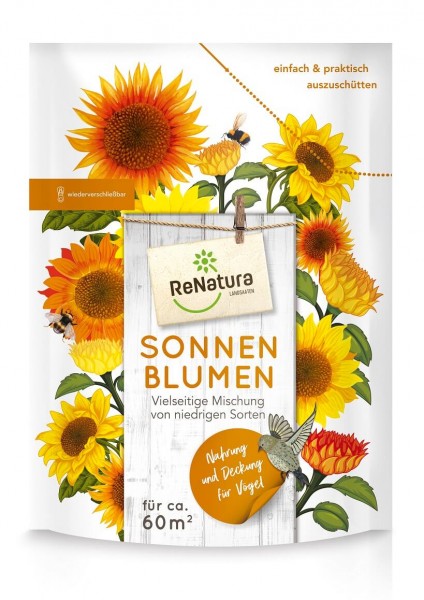 Produktbild von ReNatura Sonnenblumen Landsoaten Verpackung mit Abbildungen von Sonnenblumen, einer Hummel und textlichen Hinweisen auf einfaches Ausschütten, Wiederverschließbarkeit und Vielseitigkeit der Mischung.