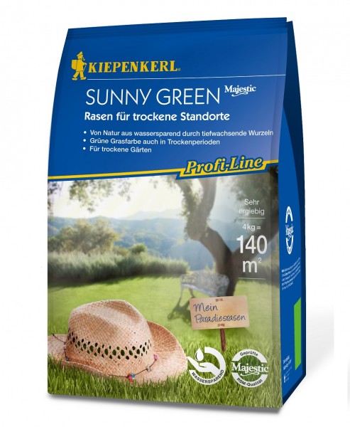 Produktbild von Kiepenkerl Profi Line Sunny Green Rasen für trockene Standorte mit Informationen zu Wassersparfunktion und Ergiebigkeit auf der Verpackung vor einer Gartenkulisse.