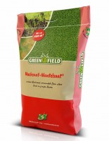 Produktbild von Greenfield Nachsaat-Mantelsaat Vital Rasensamen Verpackung mit grünen Flächen und Informationen zur Rasenpflege auf Deutsch.