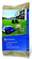 Produktbild von Kiepenkerl Profiline Comfort Rasensamen für Mähroboter Verpackung mit Rasenfläche und Mähroboter im Hintergrund.