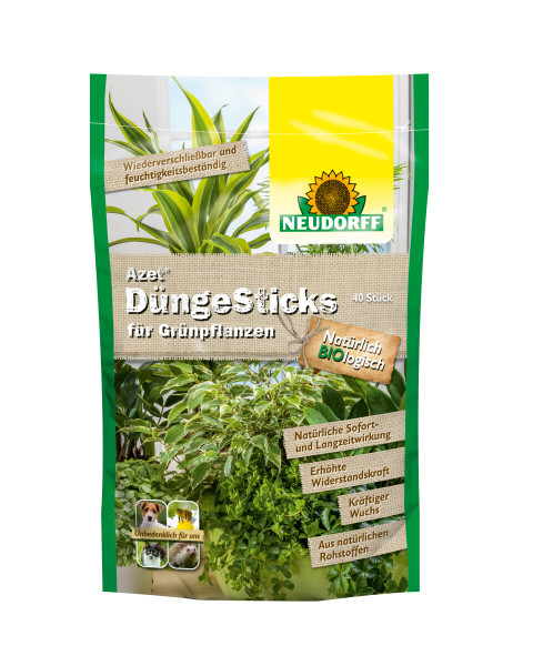 Produktbild von Neudorff Azet DüngeSticks für Grünpflanzen 40 Stück mit Pflanzen und Informationen über natürliche Inhaltsstoffe und Vorteile für das Pflanzenwachstum.