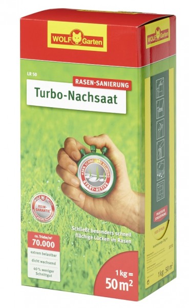 Produktbild von Wolf-Garten LR 50 Turbo-Nachsaat 50qm 1kg Rasensaatgut Verpackung mit Produktinformationen auf Deutsch und Abbildung einer Rasenfläche.