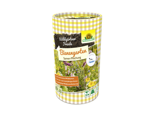 Produktbild von Neudorff Wildgaertner Freude 50g Bienengarten Samen-Mischung in einer gelb-karierten Dose mit Informationen zu nachhaltiger Wildbienenfoerderung.