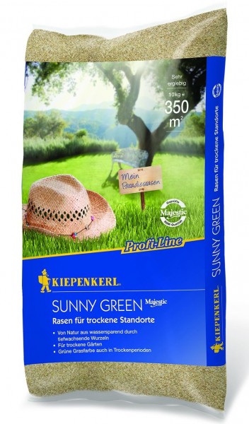 Produktbild von Kiepenkerl Profi Line Sunny Green Rasensamen für trockene Standorte mit Angaben zu Ergiebigkeit und Produktvorteilen auf der Verpackung.