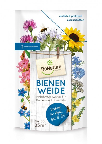 Produktverpackung von ReNatura Bienenweide mit Abbildungen von Blumen und Insekten sowie Informationen zum nahrhaften Nektar für Bienen und Hummeln und einer Flächenangabe von circa 25 Quadratmetern.