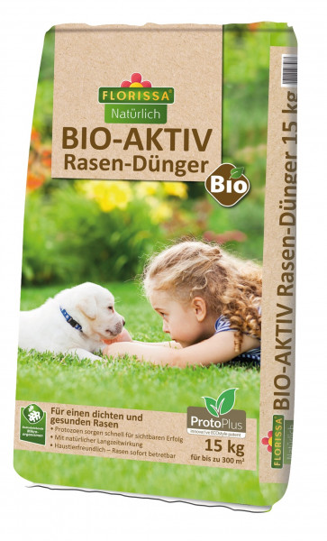 Produktbild von Florissa BIO-AKTIV Rasen-Dünger Verpackung mit Hinweisen für einen dichten und gesunden Rasen Gewichtsangabe und Bild eines Kindes mit einem Welpen auf Rasenfläche