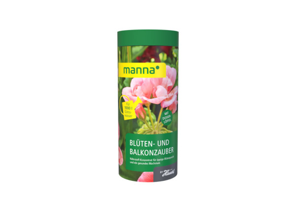 Produktbild von MANNA Blüten- und Balkonzauber 1kg Düngemittel in einer grünen Verpackung mit Blumenbild und Hinweis auf Dosierung für 1000 Liter Gießwasser.