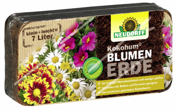 Produktbild von Neudorff Kokohum BlumenErde Brikett 7 Liter mit Blumenmotiven und Informationen über die Verwendung und Eigenschaften des Produkts.