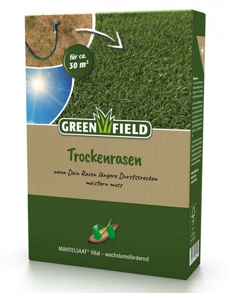 Produktverpackung von Greenfield Trockenrasen Mantelsaat Vital mit Angabe der Reichweite für circa 30 Quadratmeter und Informationen zur Wachstumsförderung.