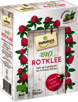 Produktverpackung von ReNatura Rotklee MSR Bio mit Abbildungen von roten Kleeblüten, Bio-Siegel und Hinweisen zur Bodeneignung sowie Anwendungsempfehlungen...