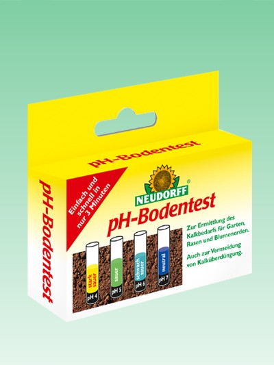 Produktbild des Neudorff pH-Bodentest Sets mit Anzeige der Teströhrchen und Informationen zur Anwendung für Gärten und Blumenbeete.