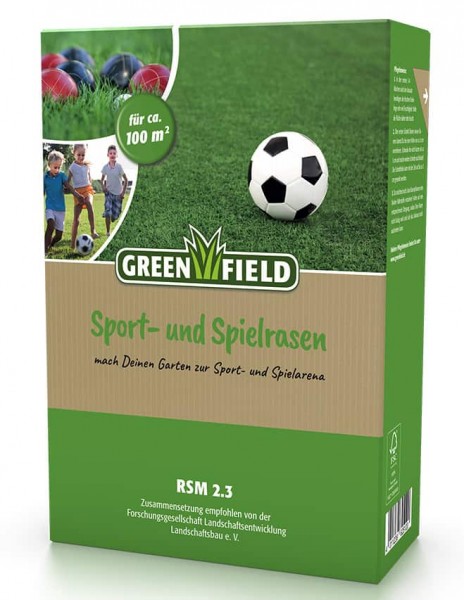 Produktbild von Greenfield Sport und Spielrasen RSM 2.3 Verpackung mit Angaben zur Flächenabdeckung und Informationen zur Zusammensetzung auf Deutsch.