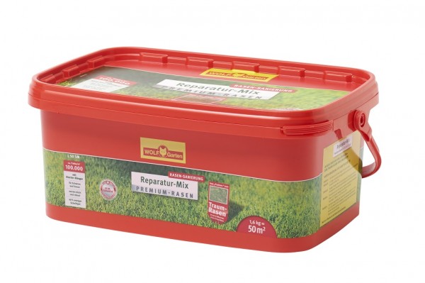 Produktbild des Wolf-Garten L 50 SM Premium-Rasensaat plus Aufbau-Duenger in einer roten Box mit 1, 6, kg Inhalt fuer 50qm Rasenflaeche und weitere Produktinfos auf der Verpackung.