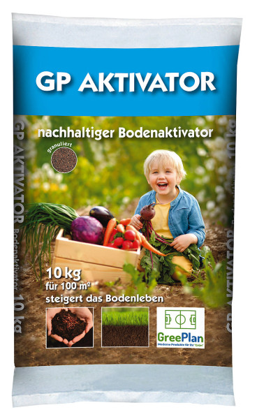 Produktbild von GP Bodenaktivator mit Angaben zu Nachhaltigkeit und einer Kinderfigur, die eine Kiste mit Gemüse hält, geeignet für 100 Quadratmeter und Hinweis auf die Steigerung des Bodenlebens.