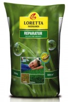 Produktbild von Loretta Reparatur Rasen 10 kg Rasensamen mit Angaben zu Flächenleistung und Hinweis auf Wachstum ohne Umgraben.