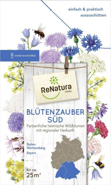 Produktbild von ReNatura Blütenzauber Regional für Süddeutschland mit Darstellung verschiedener Wildblumen Illustrationen, einer Deutschlandkarte die Baden-Württemberg und Bayern hervorhebt sowie Produktinformationen und Markenlogo.