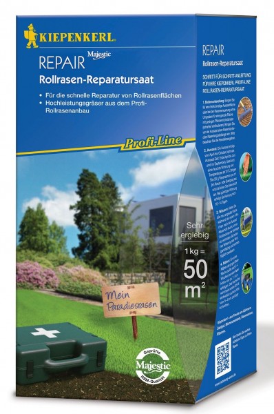 Produktbild von Kiepenkerl Profi Line Repair Nachsaat für Rollrasen mit Informationen zur schnellen Reparatur von Rollrasenflächen und Angaben zur Flächenabdeckung sowie einem Bild einer grünen Rasenfläche mit Schild Mein Paradiesrasen