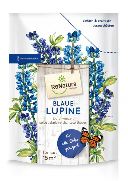 Produktbild von ReNatura blaue Lupine Saatgutverpackung mit Abbildung der Pflanze, Hinweisen zur Bodendurchwurzelung, Flächenabdeckung und Schmetterling Motiv.