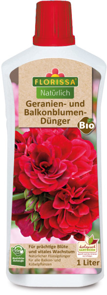 Produktbild von Florissa Natürlich Geranien- und Balkonblumendünger in einer 1 Liter Flasche mit bildlicher Darstellung roter Geranien und Produktinformationen sowie Bio-Siegel in deutscher Sprache.