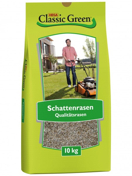Produktbild von HEGA Classic Green Schattenrasen in einer 10 kg Verpackung mit Abbildung eines lächelnden Mannes, der einen Rasenmäher schiebt und einer Nahaufnahme des Saatguts.