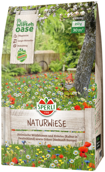 Produktbild SPERLI Naturwiese heimische Wildblumen und Kräuter für bis zu 30 Quadratmeter mit Gewichtsangabe, einer Abbildung einer blühenden Wiese und Verpackungsinformationen.