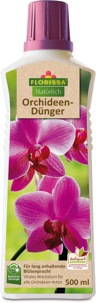 Produktbild von Florissa Naturlich Orchideendunger 500ml Flasche mit Informationen zur Forderung langanhaltender Blutenpracht und vitalen Wachstums fur alle Orchideen-Arten auf Deutsch.